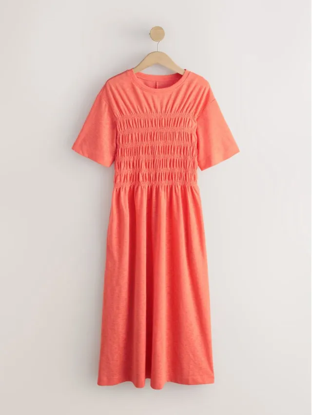 Next Dames - Jersey midi-T-shirtjurk met korte mouwen en aangerimpeld lijfje, petite - Petite - Oranje Coral Orange