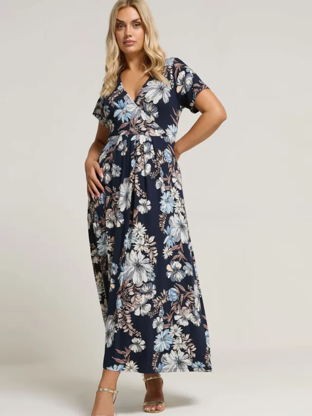Yours Marineblauwe Wikkeljurk Met Bloemenprint Blue