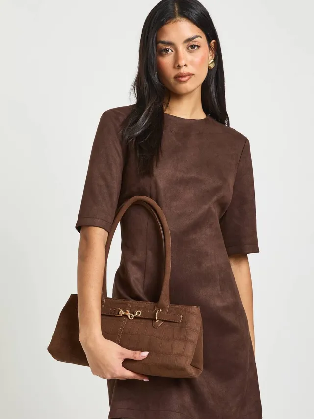 boohoo Dames Nep Suede Boxy T-shirt Jurk Chocoladebruin