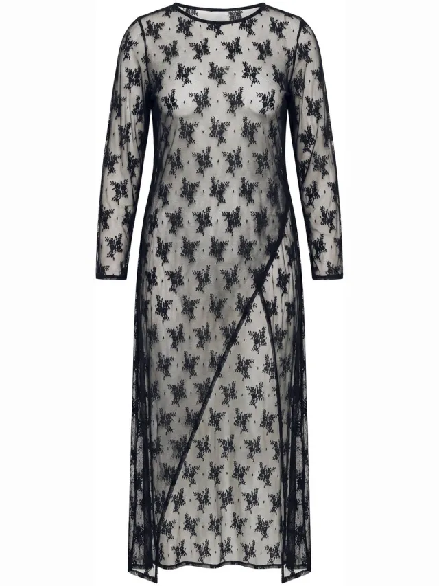 Ulla Popken Dames - Maxi-jurk kant A-lijn ronde hals lange trompetmouwen - Zwart - Maat 58+