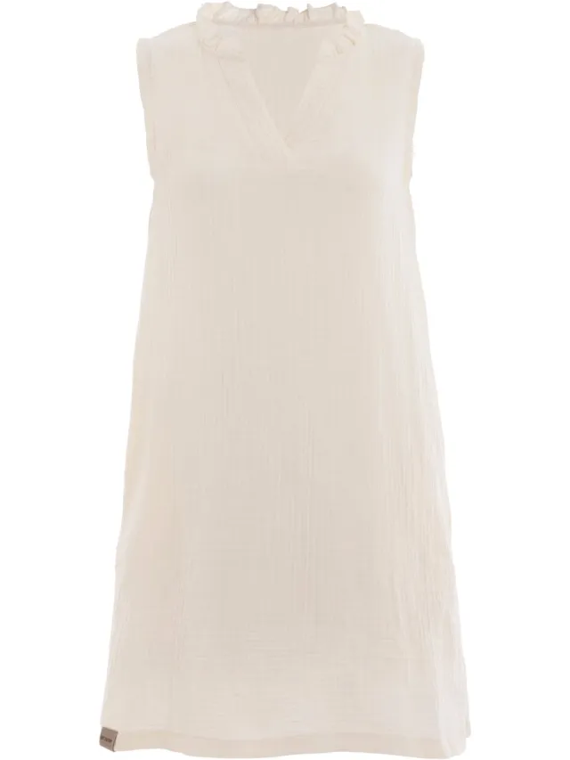 Knit Factory Sola Dames jurk - Zomerjurk - Casual dames jurk - Luchtige Mousseline Jurk - Zomer kleedje - 100% Ecologisch Katoen - V-hals - Tot net boven de knie - Ecru - 36/38
