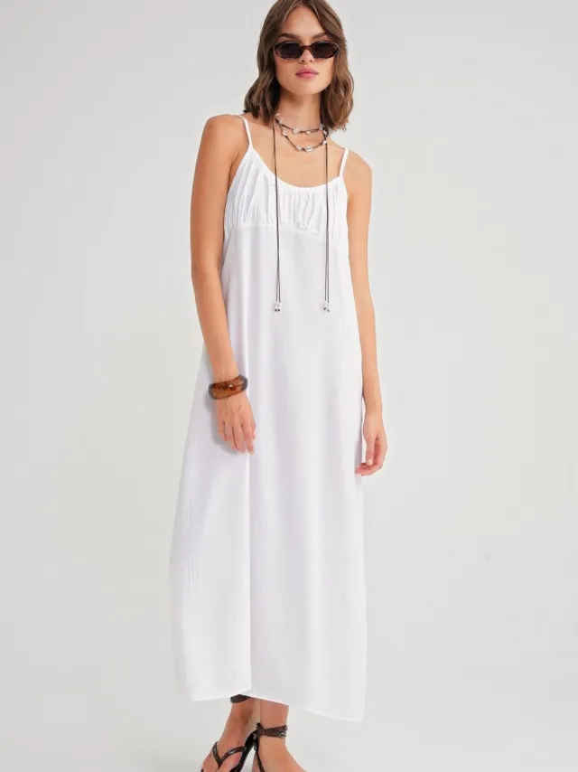 Mixray Lange jurk met verstelbare bandjes en geplooide details Wit