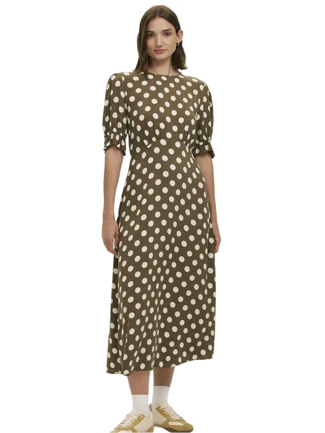 Finery Mela midi-jurk met polkadots en ronde hals voor dames (Donkere Khaki) Kaki