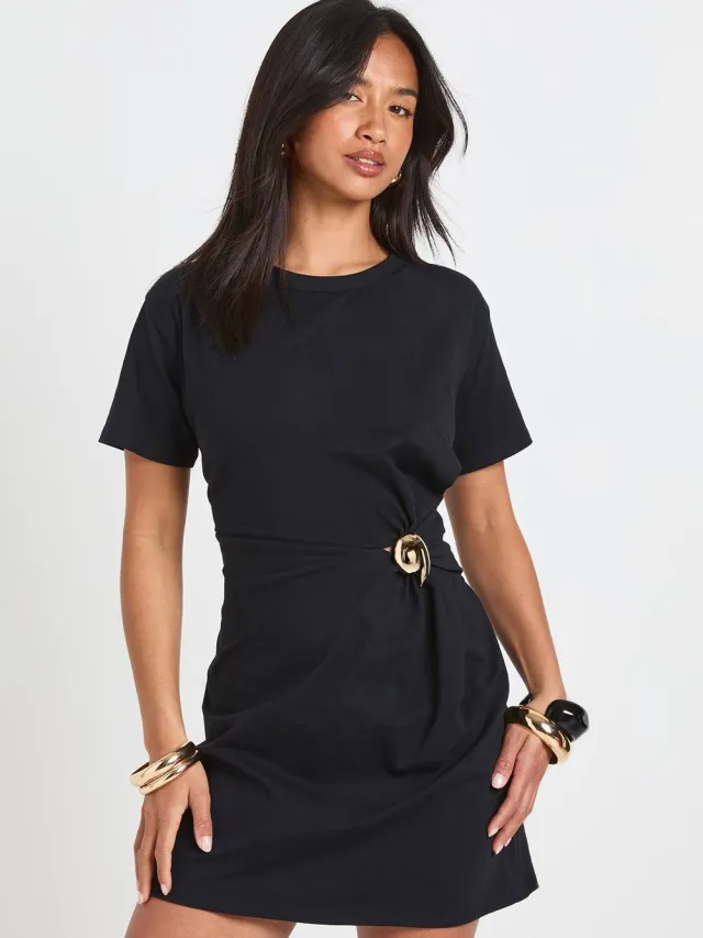 boohoo Dames Petite T-shirt Jurk Met Detail Aan De Taille zwart, foto 3
