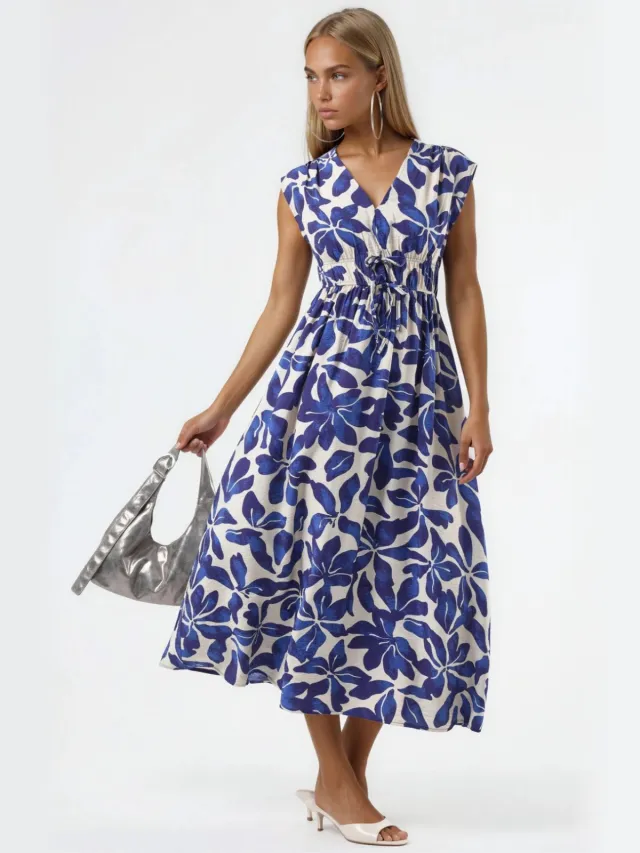 Busem Florale V-hals Midi-jurk met Strikdetails Donkerblauw