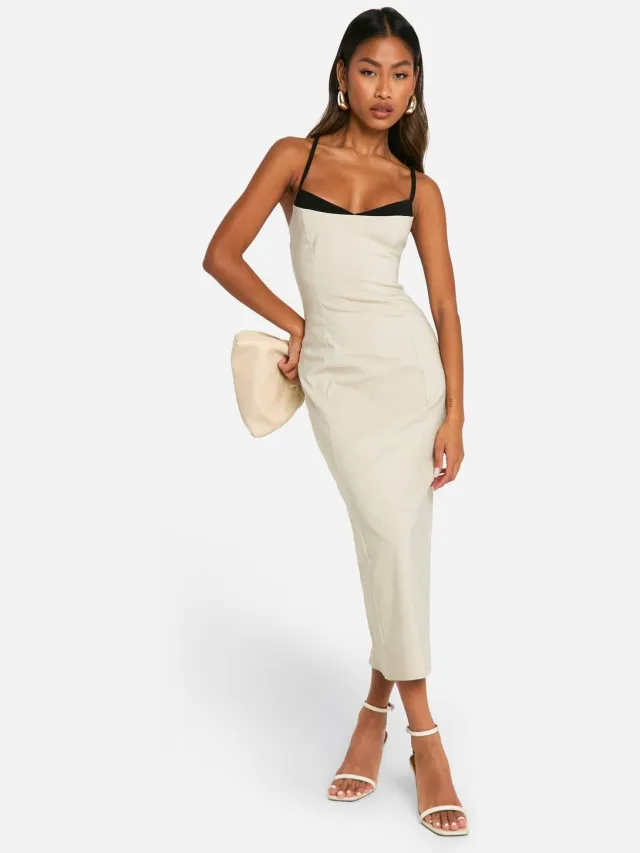 boohoo Dames Contrast Insert Bengaline Midaxi Jurk Steen
