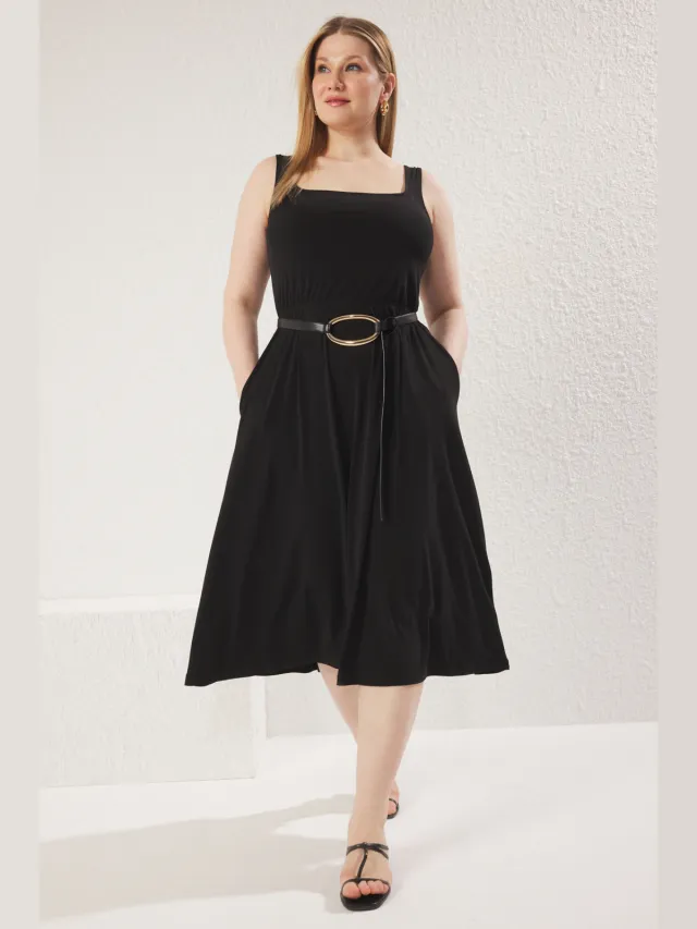 Trendyol Curve Dames Zwart Effen Maxi Mouwloos Casual Skater Grote maten Jurk