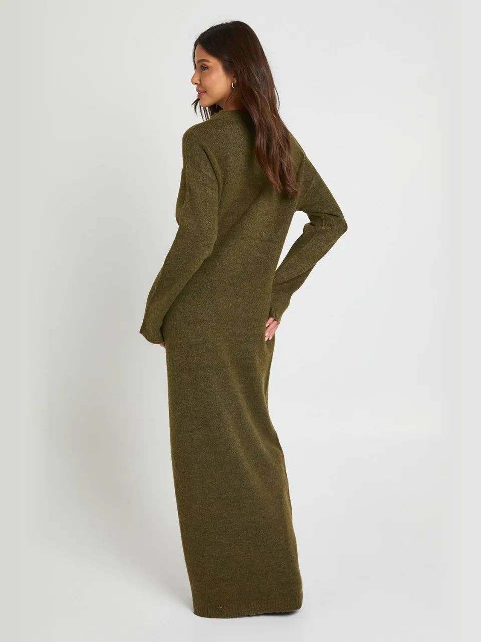 boohoo Dames Gebreide Maxi Jurk Met V-hals En Lange Mouwen olijf, foto 2