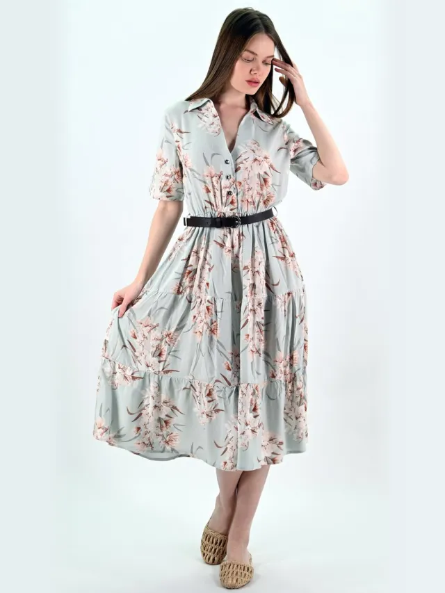 YESMOOI Midi Blousejurk met Bloemenprint en Ceintuur - L (40) - Grijsblauw