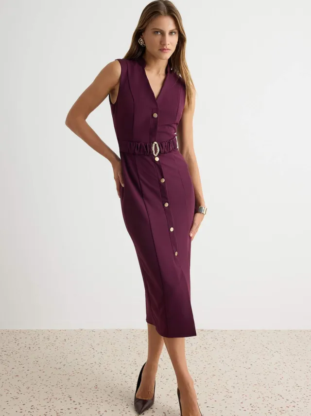 Trendyol TRENDYOLMİLLA Dames Paars Effen Midi Mouwloos Bodycon Jurken Rood