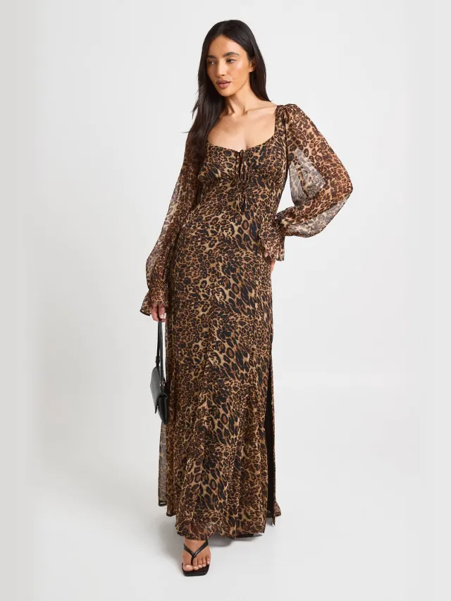boohoo Dames Milkmaid Maxi-jurk Met Luipaardprint