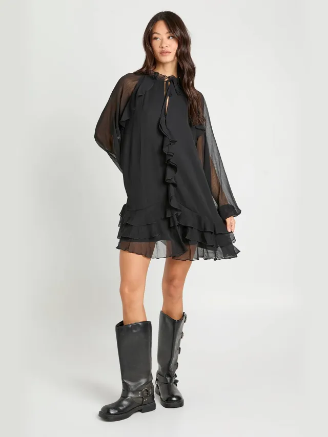 boohoo Dames Lange Chiffon Ruffle Smock Jurk Zwart