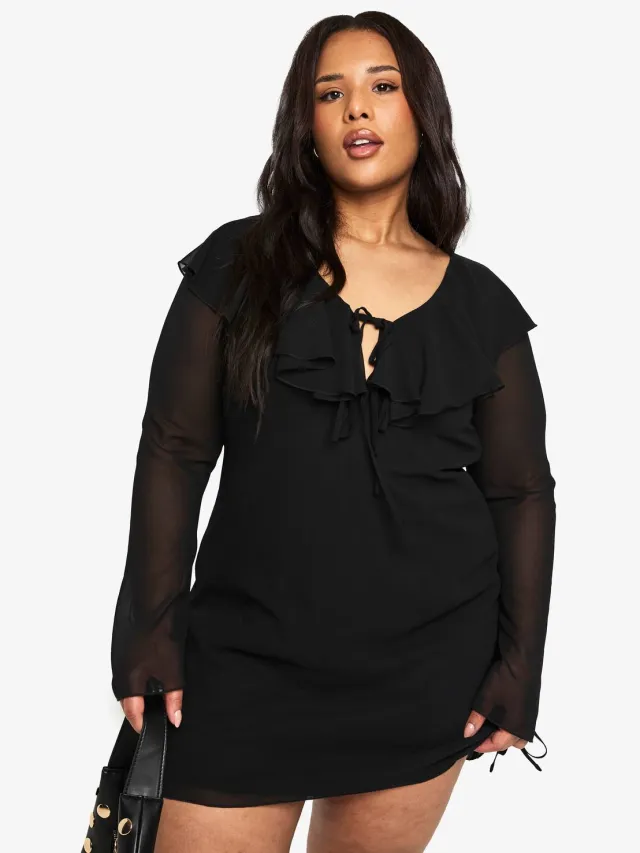 boohoo Dames Plus geweven ruches shiftjurk Zwart
