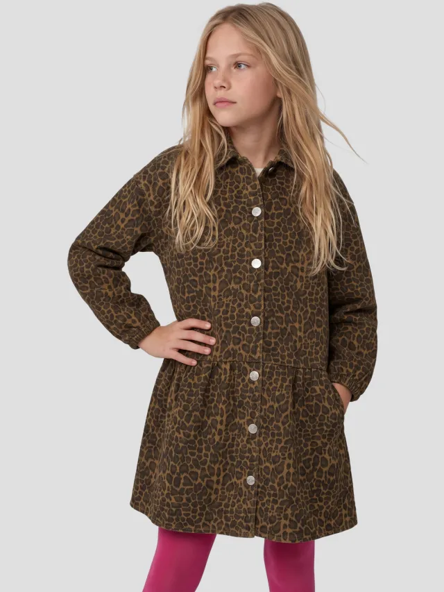 Me & My Monkey spijkerjurk met panterprint bruin Bruin/zwart