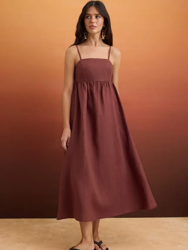 Trendyol TRENDYOLMİLLA Dames Bruin Effen Maxi Mouwloos Skater Jurken
