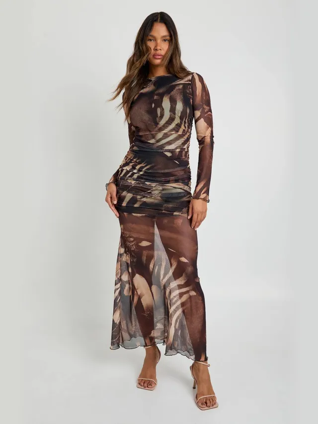 boohoo Dames Maxi-jurk met dierenprint in geraffeld gaas Bruin