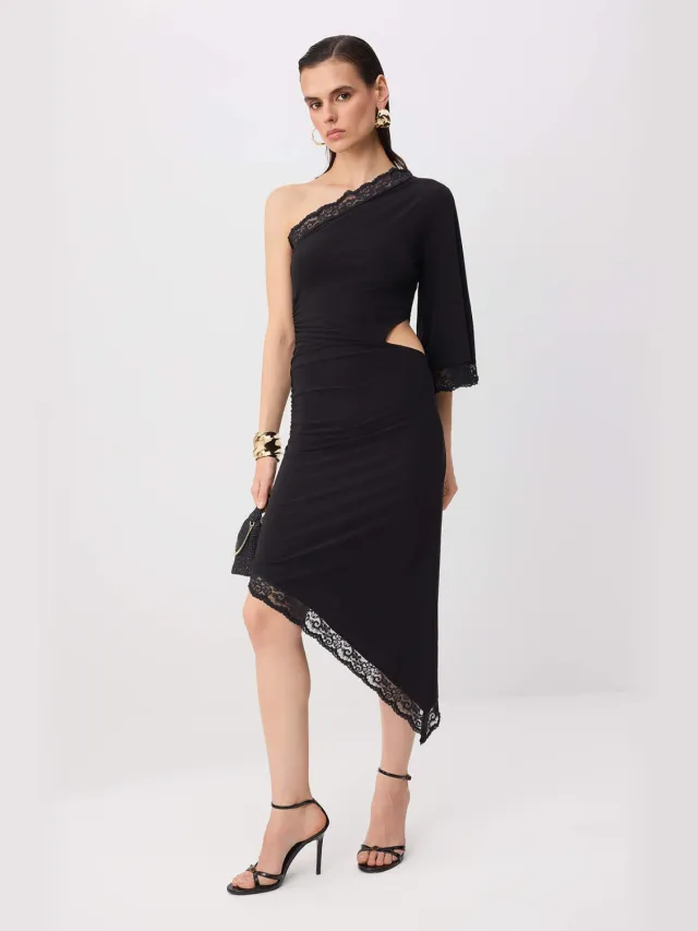 Trendyol TRENDYOLMİLLA Dames Zwart Effen Midi Driekwart mouw Asymmetrisch Jurken