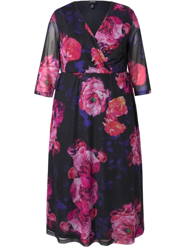 Ulla Popken Dames - Mesh maxi-jurk bloemen V-hals halve kapmouwen - Marine - Maat 46+