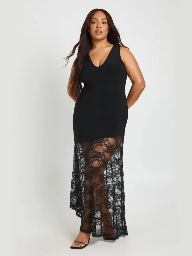 boohoo Dames Plus Plunge Kanten Zoom Maxi Jurk Zwart