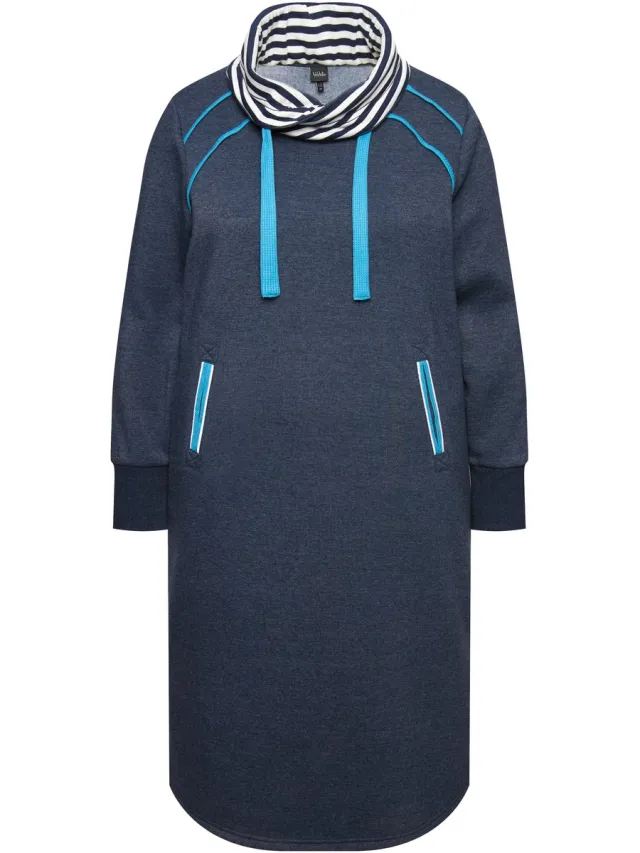 Ulla Popken Dames - Sweatjurk sierpaspels opstaande kraag lange mouwen zakken - Marine - Maat 50+