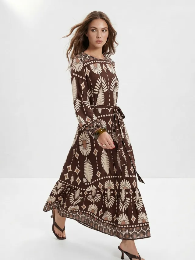 Trendyol Modest Dames Bruin Etnisch patroon Maxi Lang A-lijn Modest Jurken