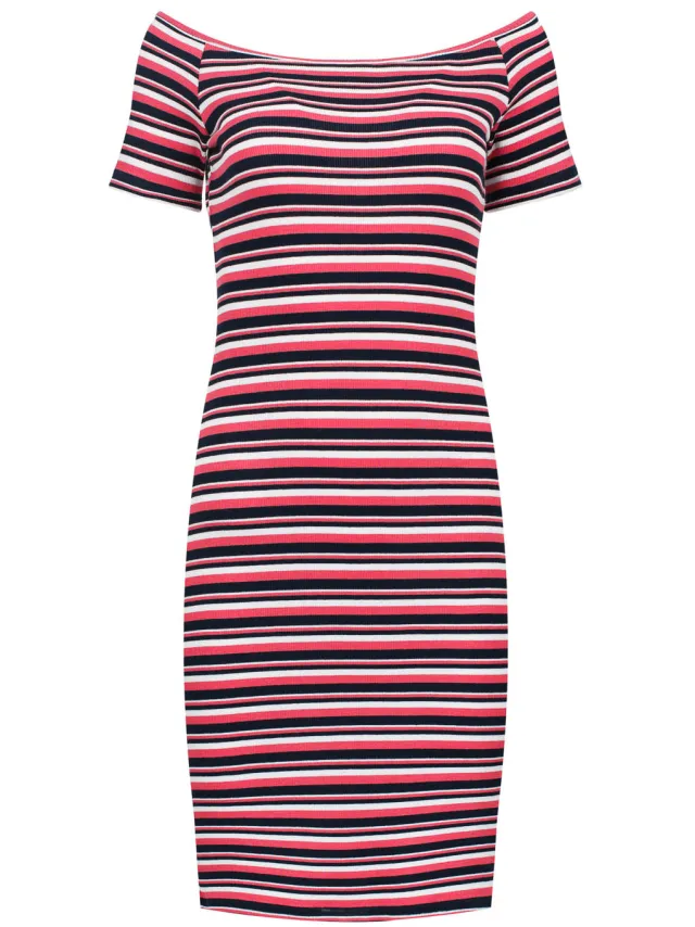 Conquista Gestreepte Off-Shoulder Nauwsluitende Jurk - Rood en Zwart Veelkleurig