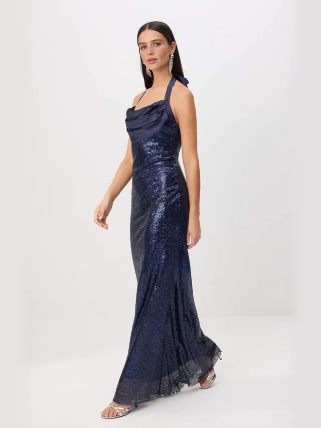 Trendyol TRENDYOLMİLLA Dames Donkerblauw Effen Maxi Mouwloos Zeemeermin Avond & Gala Jurk Marineblauw/Blauw