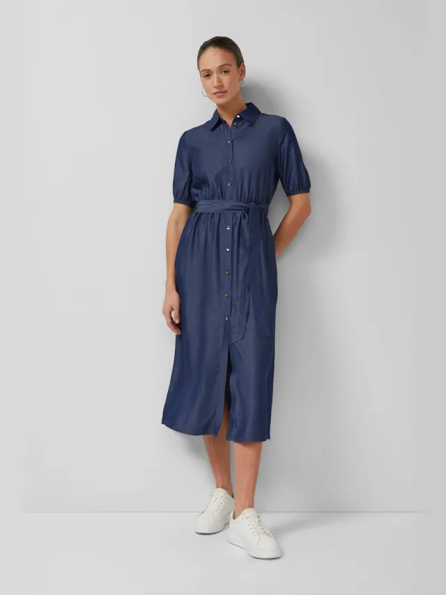 S.Oliver female - Lyocell midi overhemdjurk met strikceintuur blauw