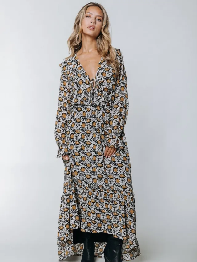 Colourful Rebel Penny Paisley Flower Ruffle Maxi Dress Ochre Yellow