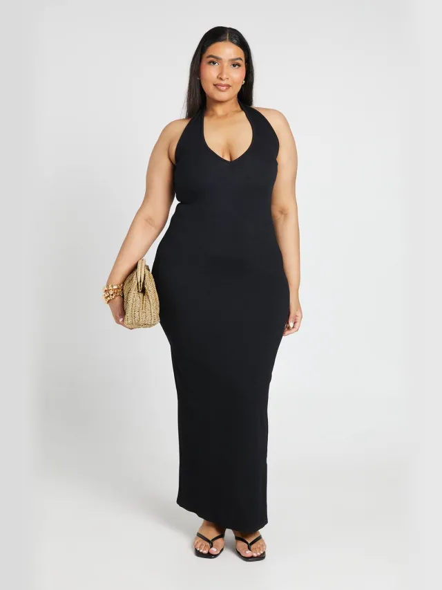 boohoo Dames Plus Geribbelde Halter Maxi Jurk Zwart