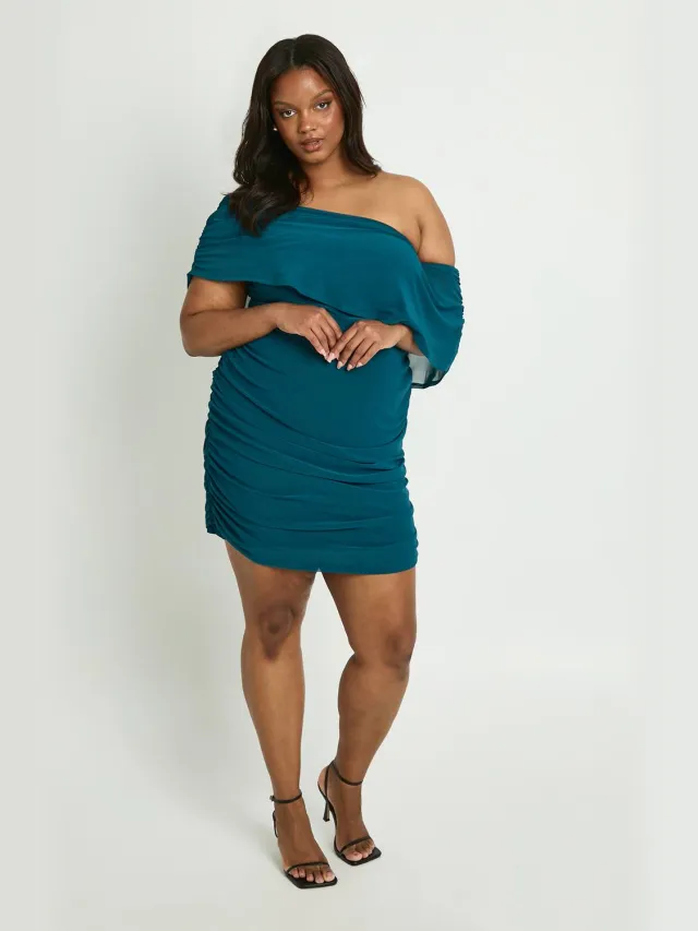 boohoo Dames Plus Mesh Off-shoulder Geplooid Mini-jurkje Groenblauw