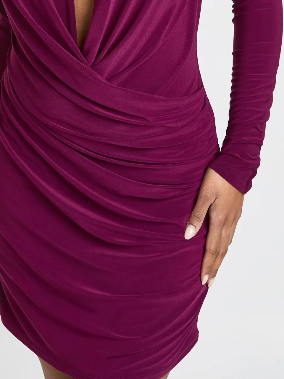 boohoo Dames Slinky Plunge Wikkel Voorkant Lange Mouw Jurk blackcurrant, foto 4