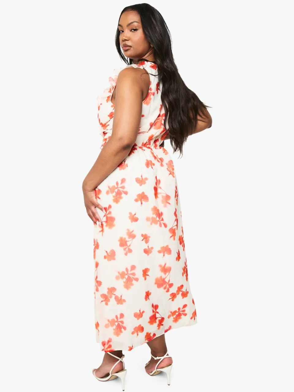 boohoo Dames Plus Bloemen Chiffon Ruffle Wikkeljurk rood, foto 2