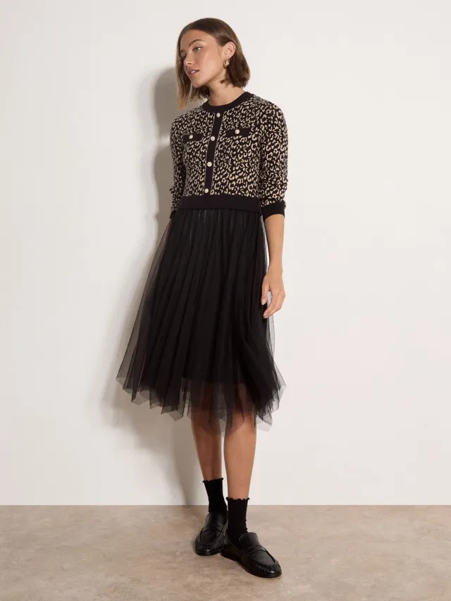 Apricot Midi-jurk met tule rok met luipaardprint Zwart