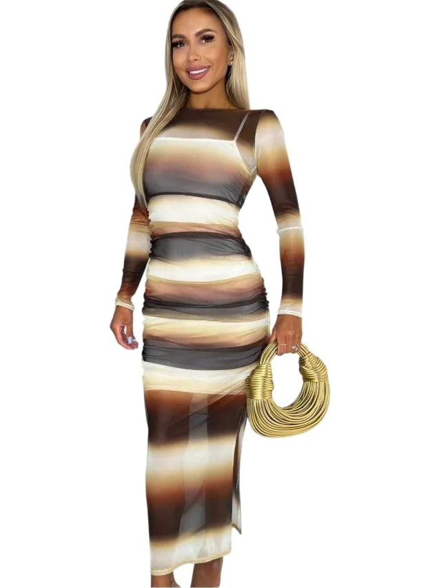 AX Paris Ombre-midi-jurk met doorschijnende stof en strakke pasvorm voor dames (Bruin)