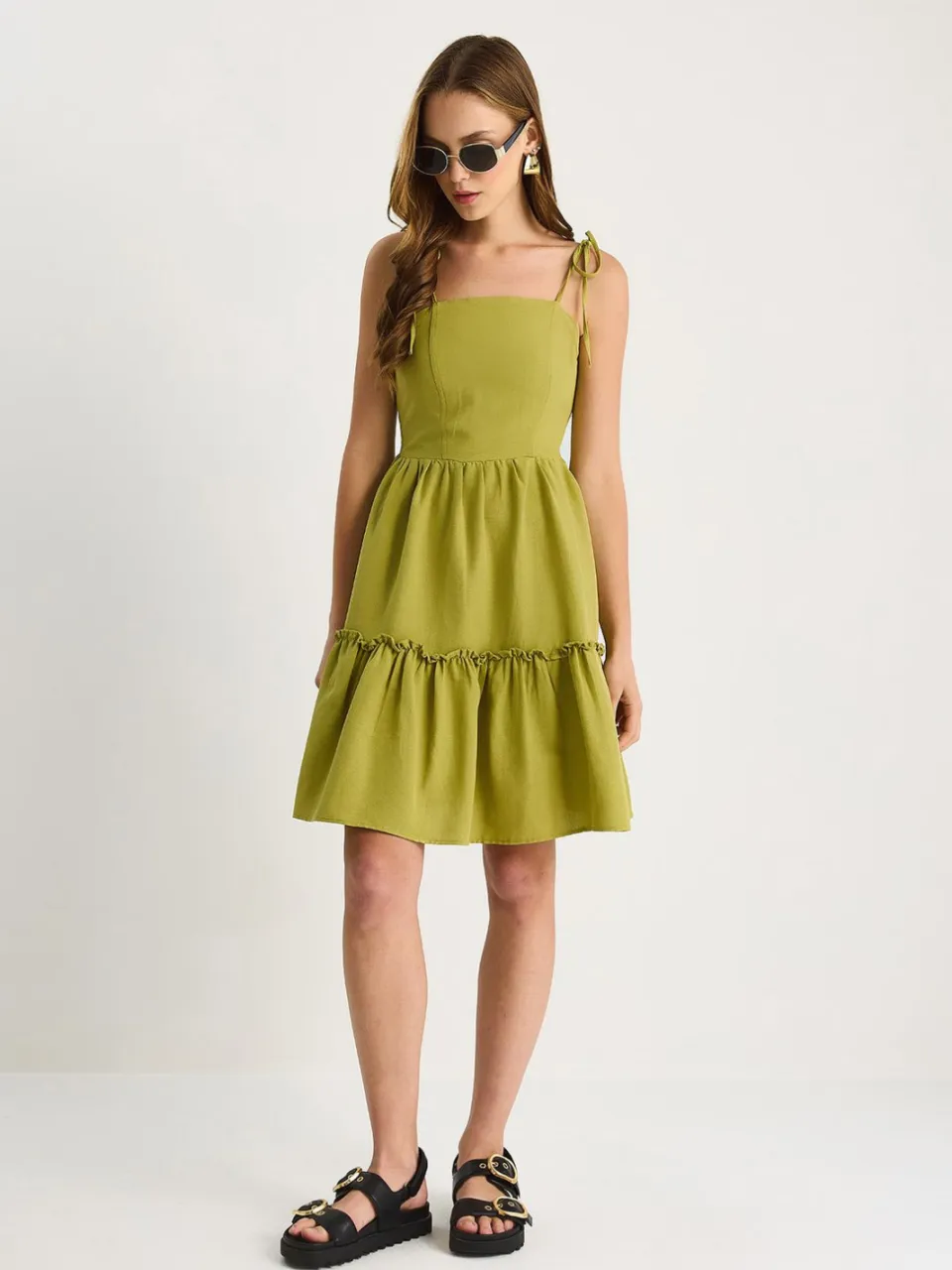 Bianco Lucci Vierkante Halslijn A-Form Midi Dress met Binddetails limoengroen, foto 2