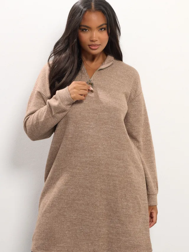 Yours Natuurbruin Geribbelde Quarter Zip Jumper Dress-52 Brown