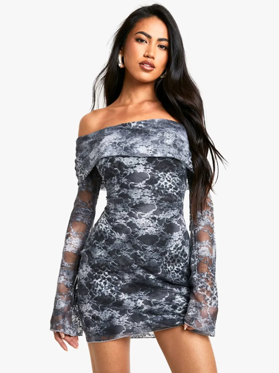 boohoo Dames Mixed Animal Kanten Bardot Mini Jurk ijsgrijs, foto 3