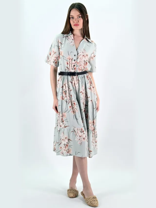 YESMOOI Midi Blousejurk met Bloemenprint en Ceintuur - S (36) - Grijsblauw