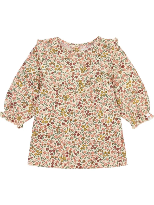 Little Dutch gebloemde jurk met ruches beige Beige/roze/groen