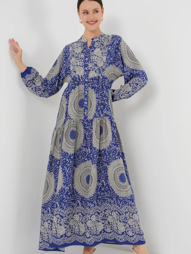 Big Dart Geprinte V-hals Maxi jurk met knoopsluiting Blauw