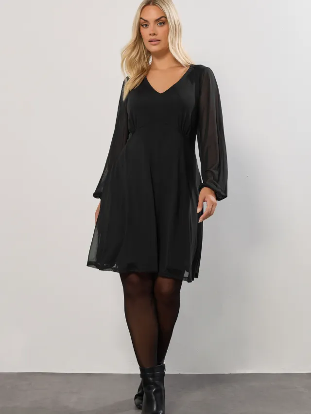 Yours Curve Zwarte Mesh Mouw Minijurk Black