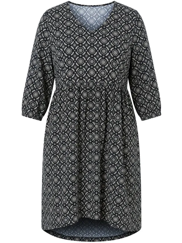 Ulla Popken Dames - Jurk met print A-lijn V-hals 3/4-mouwen - Zwart - Maat 50+