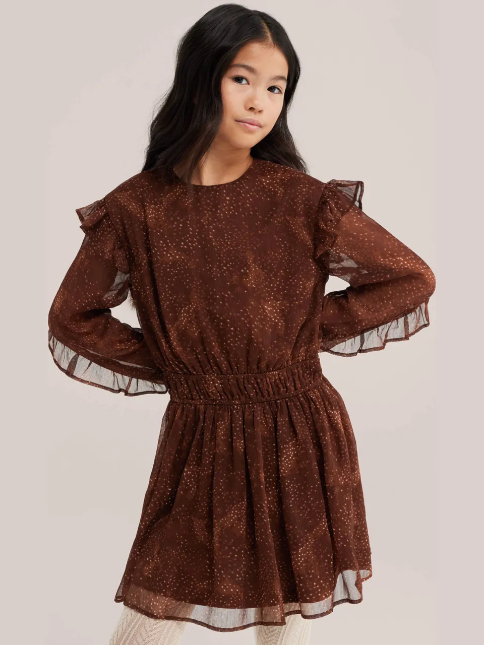 WE Fashion korte jurk met ruches bruin/ecru, foto 3