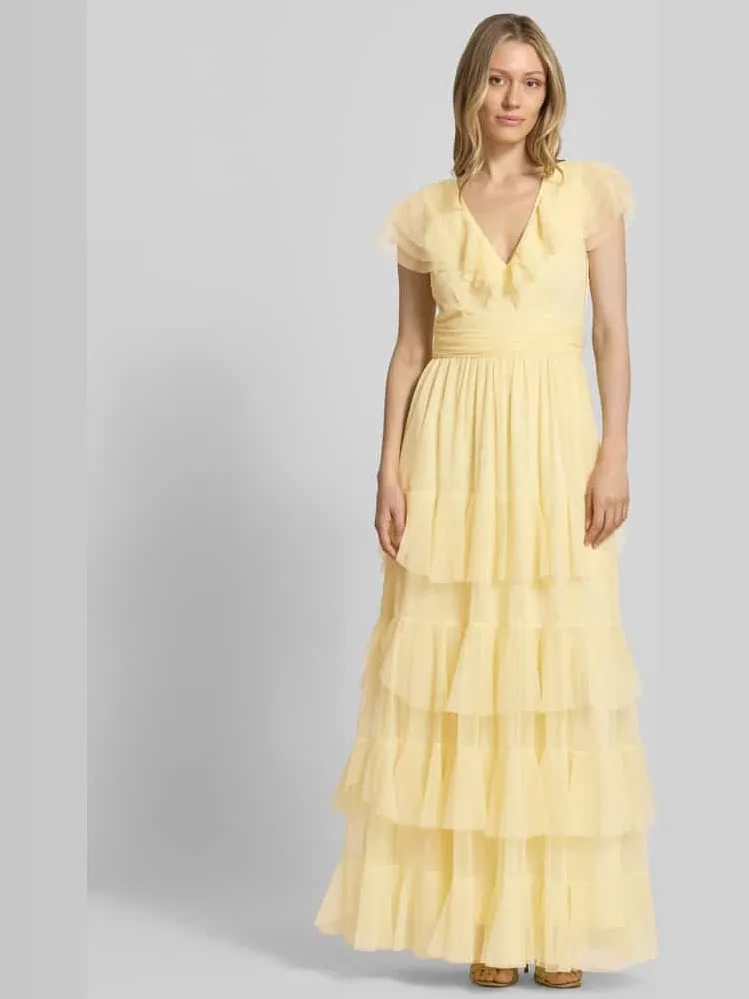 Lace & Beads Maxijurk met V-hals en taillestrik Geel