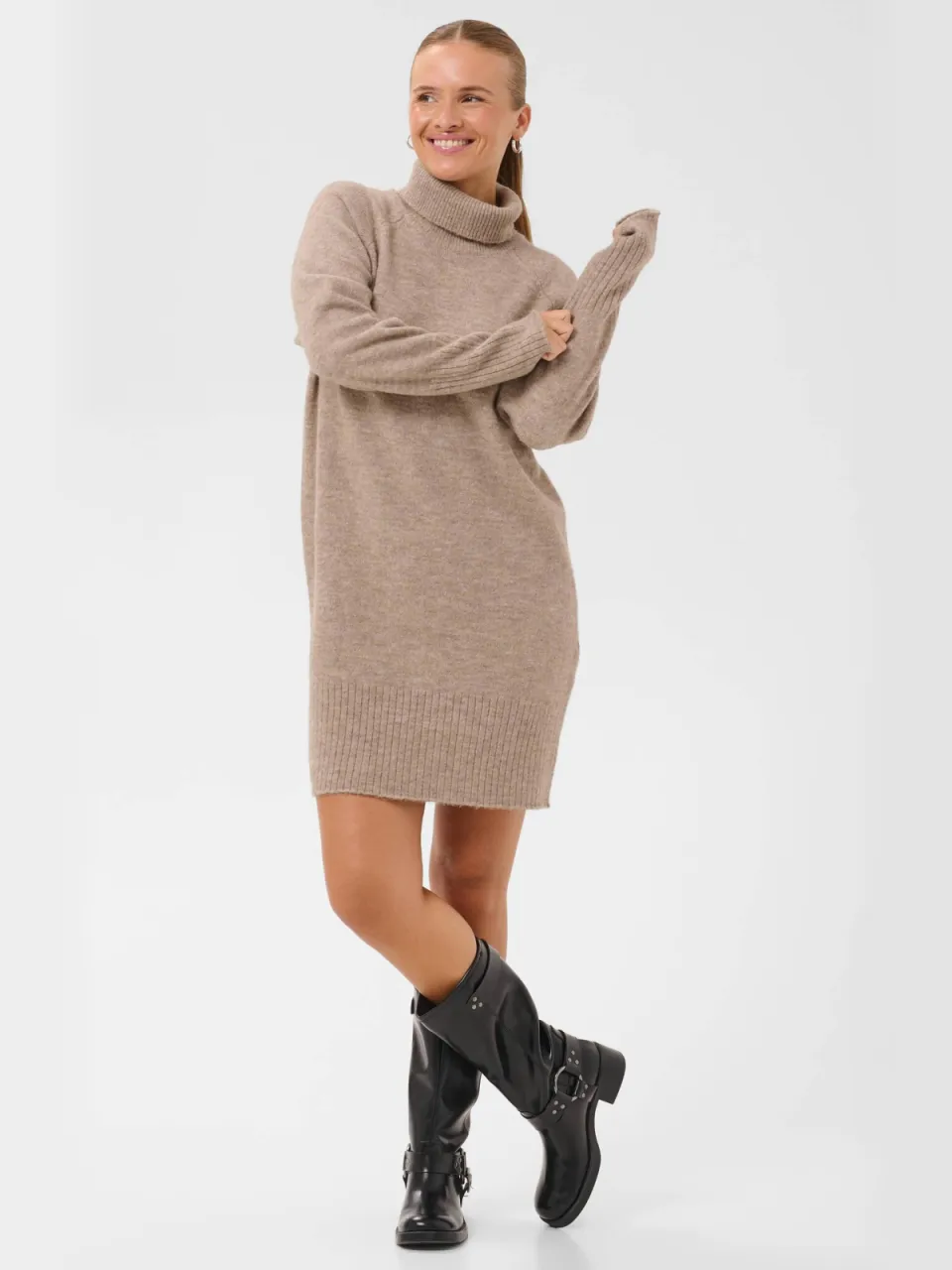 Kaffe gebreide coljurk met wol - beige