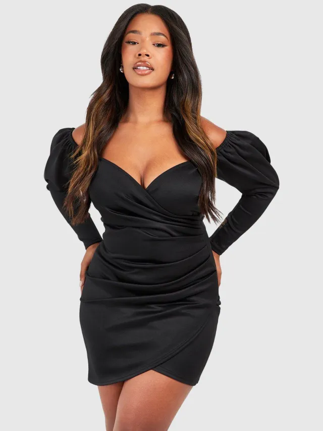 boohoo Dames Plus Off-Shoulder Geplooide Detail Wrap Jurk Zwart