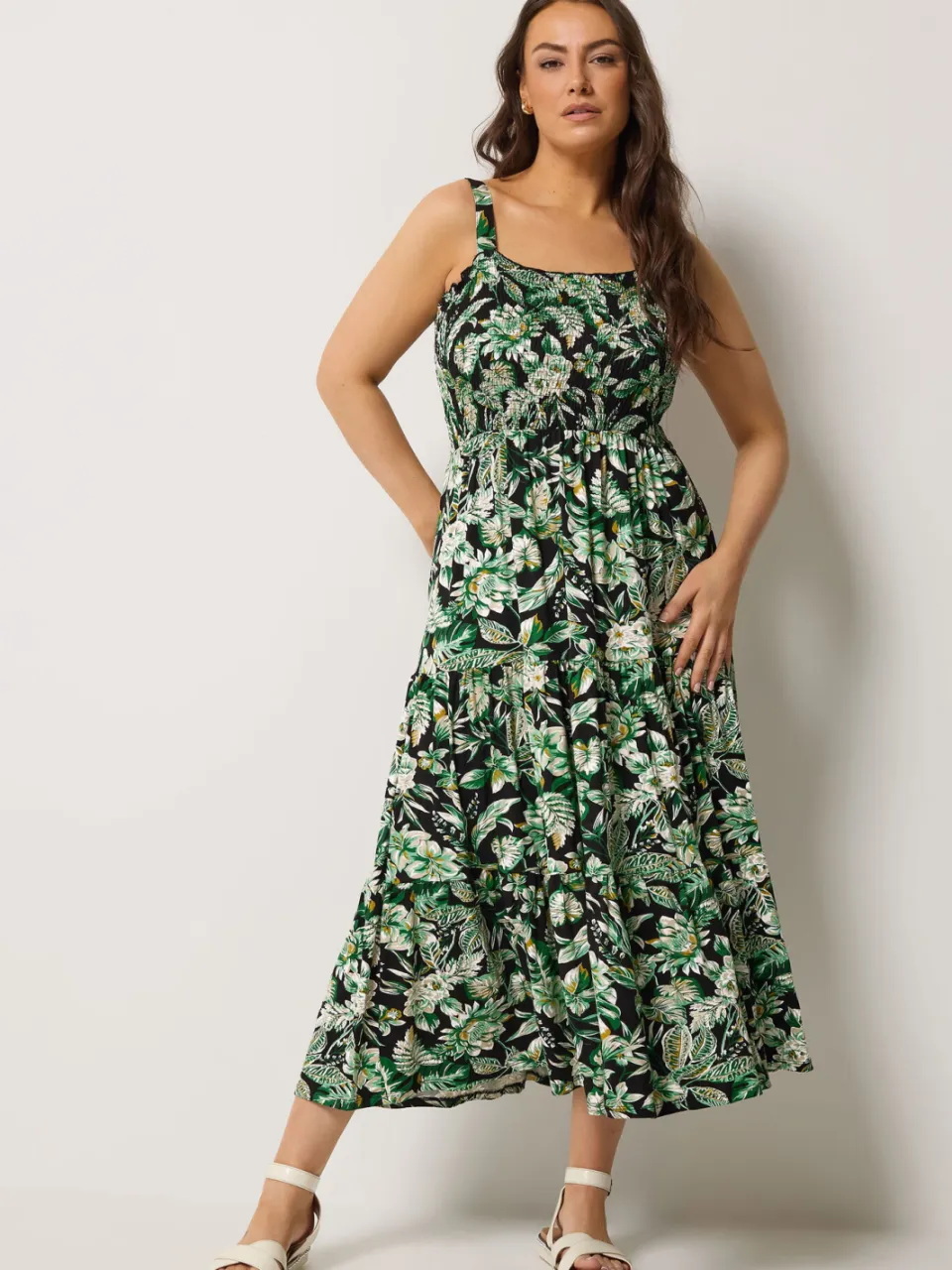 Yours Groene Gesmokte Midijurk Met Bloemenprint, foto 2