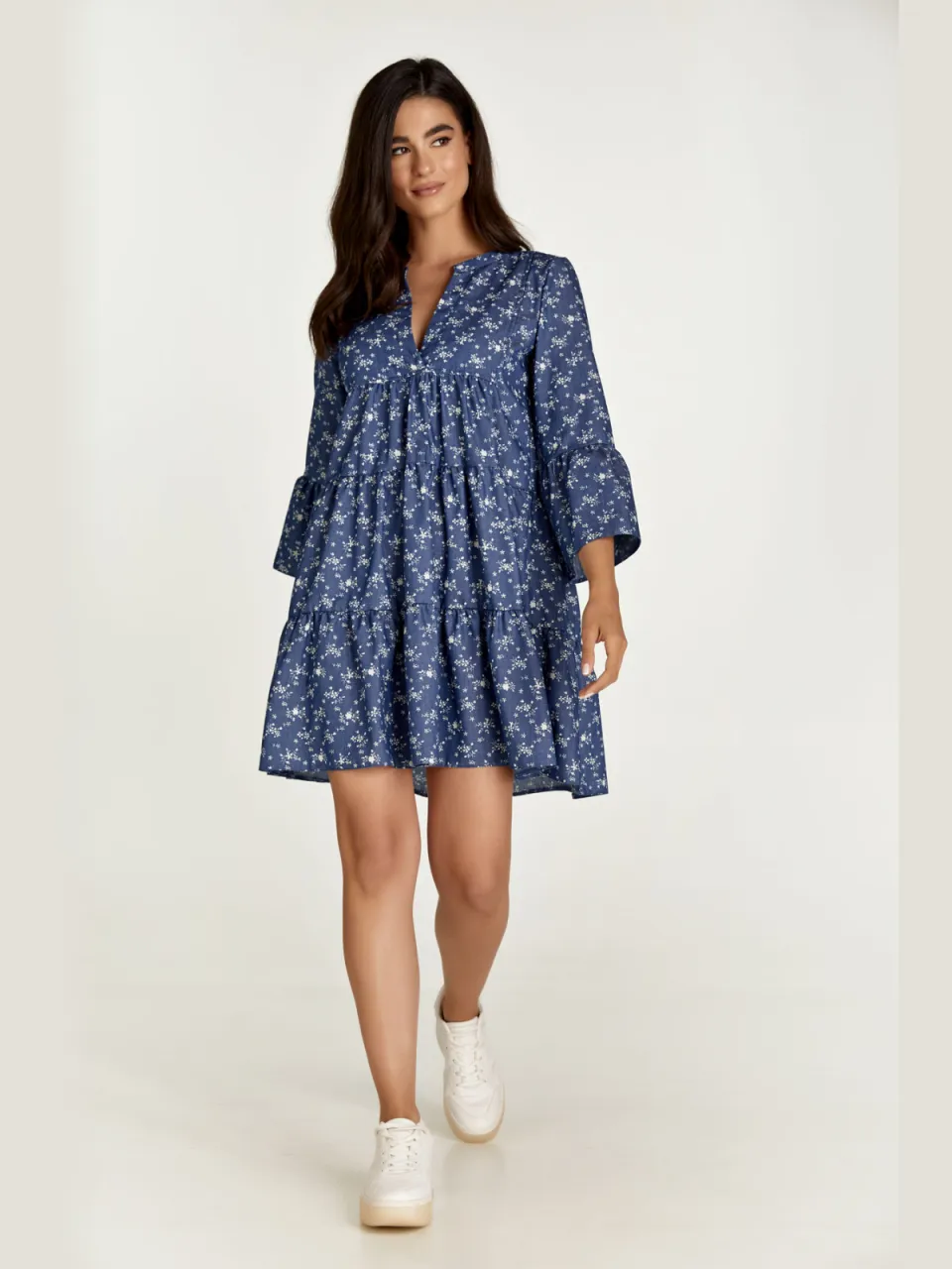 Conquista Indigo bloemen jurk met geplooide naden Indigoblauw