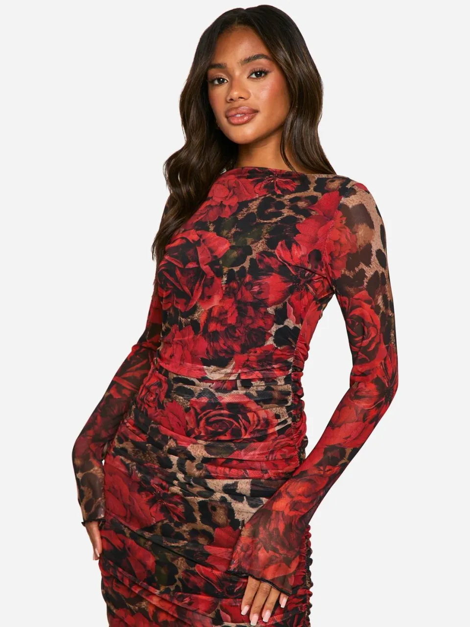 boohoo Dames Gemengd Luipaard Gerafeld Mesh Maxi Jurk luipaardprint, foto 2